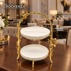 Luxury 2-Tier Pastry Stand with Golden Bird & Floral Accent – Elegant Dessert Serving Stand