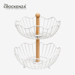 Luxury 2-Tier Metal Fruit Basket with Wooden Handle | Modern Countertop Fruit & Vegetable Organizer