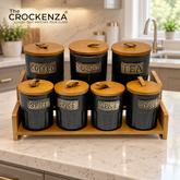 7-Piece Ceramic Airtight Jar Set with Wooden Lids & Storage Tray