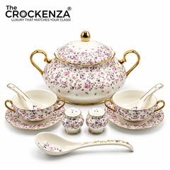 Imported Royal Albert Inspired 23-Piece Floral Soup Set with Gold Trim