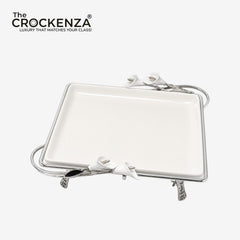 Opulent White Ceramic Square Platter with Ornate Silver Base