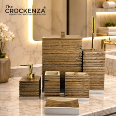 Crockenza Imperial 6-Piece Bath Set – Modern Ribbed Oak with Polished Gold Accents