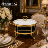 10" Round Porcelain Serving Bowl with Gold Stand & Lid – Elegant Buffet Serving Dish with Handles | Luxury Tableware