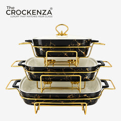 Luxury Imported Black Marble Rectangular Porcelain Serving Dishes – Lidded with Handles (Three Sizes)