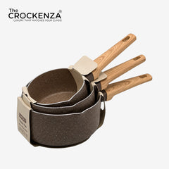 Baroly Premium Non-Stick Sauce Pan Set (16CM, 18CM & 20CM) | Induction Compatible | Wooden Handle Cookware Set