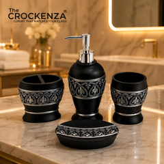 The Crockenza Noir Antique Silver 4-Piece Bathroom Set – Luxury Matte Black & Filigree Vanity Accessories