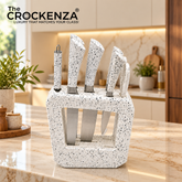 Luxury BALI 7-Piece Knife Set – White Granite Speckled Finish – High-Carbon Stainless Steel Blades with Modern Geometric Block