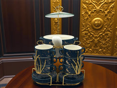 22-Piece Luxury Soup Set with Gold-Plated Stand & Marble Print | Deep Blue & Gold