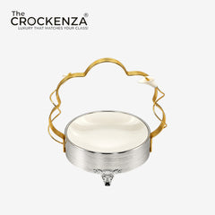 Luxury Floral Design Ceramic Serving Platter with Gold Handle & Silver Stand – Medium