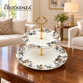 Royal Albert-Inspired 2-Tier Bone China Pastry Stand – Elegant Floral Design with Gold Handle