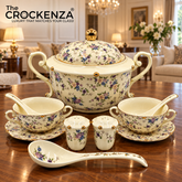 Imported Royal Albert Inspired 23-Piece Floral Soup Set with Gold Trim