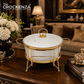 10" Round Porcelain Serving Bowl with Gold Stand & Lid – Elegant Buffet Serving Dish with Handles | Luxury Tableware