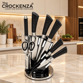 BASS 8-Piece Stainless Steel Kitchen Knife Set with Rotating Stand, Scissors & Sharpener