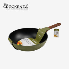 Baroly 28CM Non-Stick Wok Pan with Granite Coating | Premium Induction Compatible Deep Frying Wok | Wooden Handle Cooking Pan