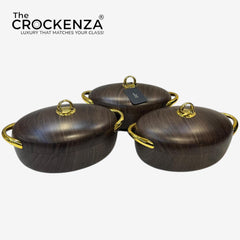 Imported Forever Gold Oval Hot Pot Set – Dark wooden textures - Set of 3 (2/2.5 & 3Litres)