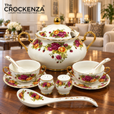 Imported Royal Albert Inspired 23-Piece Floral Soup Set with Gold Trim
