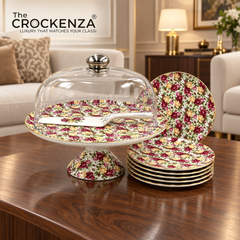 Royal Albert–Inspired 9-Pcs Bone China Cake Set | Floral Elegance with Acrylic Dome