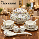 Imported Royal Albert Inspired 23-Piece Floral Soup Set with Gold Trim