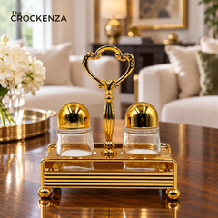 Chic Gold-Tone Diner-Style Salt & Pepper Caddy Set with Clear Glass Shakers