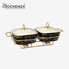 Elegant Twin Rectangular Chafing Dishes (11.5" each) with handles & Metal Stand – Black Marble Buffet Set