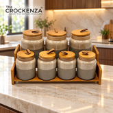7-Piece Ceramic Airtight Jar Set with Wooden Lids & Storage Tray