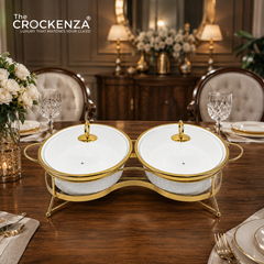 Twin Oval Porcelain Serving Dish Set with Gold Stand – 12" Double Buffet Server with Handles | Elegant textured Tabletop Food Warmer & Serving Bowl Set