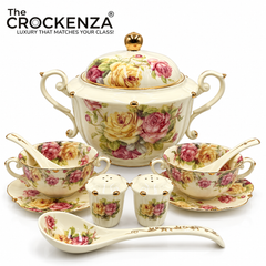 Imported Royal Albert Inspired 23-Piece Floral Soup Set with Gold Trim