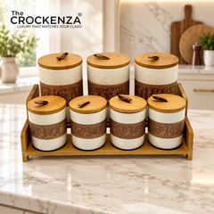 7-Piece Ceramic Airtight Jar Set with Wooden Lids & Storage Tray