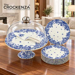 Royal Albert–Inspired 9-Pcs Bone China Cake Set | Floral Elegance with Dome