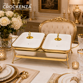 Twin Rectangular Porcelain Serving Dish Set with Gold Stand – 12" Double Buffet Server with Handles | Elegant Tabletop Food Warmer & Serving Bowl Set