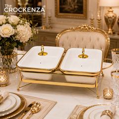 Twin Rectangular Porcelain Serving Dish Set with Gold Stand – 12" Double Buffet Server with Handles | Elegant Tabletop Food Warmer & Serving Bowl Set