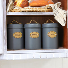 Modern Kitchen Canister Trio – Airtight Grey Jars for Coffee, Tea & Sugar with Leather straps
