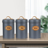 Modern Kitchen Canister Trio – Airtight Grey Jars for Coffee, Tea & Sugar with Leather straps