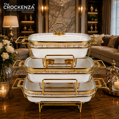 3-Piece Textured Buffet Servers Set with Gold Stand & Glass Lids – Elegant Chafing Dishes for Dawat, Parties,