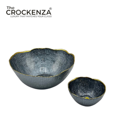 Luxury 7-Piece Deep Blue Textured Glass Bowl Set with Gold Rim – 1 Large & 6 Small Serving Bowls
