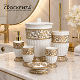 The Versailles Collection: 6-Piece Royal Damask Hand-Carved Fiber Bathroom Ensemble in Pearl White & Antiqued Gold