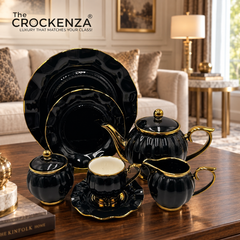 Imported Luxury Gold-Rimmed Black 24-Piece Tea Set – Elegant Pearl Finish for 6 Persons