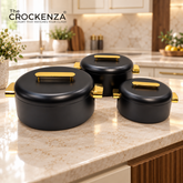 Imported Luxury Collection | Forever Gold 3Pcs Hotpot Set | Keep your food fresh & warm | Black Plain Round (1/2/3.5ltr)
