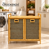 2-Compartment Eco-Friendly Bamboo Wooden Laundry Basket Unit with Top Display Shelf & Removable Fabric Bags