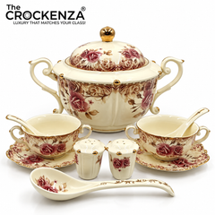 Imported Royal Albert Inspired 23-Piece Floral Soup Set with Gold Trim