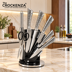 BASS 8-Piece Stainless Steel Kitchen Knife Set with Rotating Stand, Scissors & Sharpener