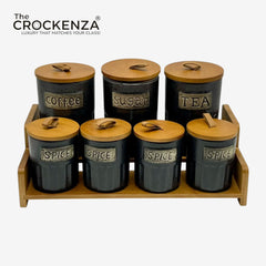 7-Piece Ceramic Airtight Jar Set with Wooden Lids & Storage Tray
