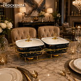 Elegant Twin Rectangular Chafing Dishes (11.5" each) with handles & Metal Stand – Black Marble Buffet Set