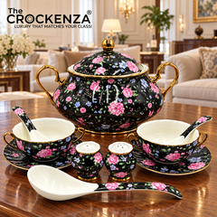 Imported Royal Albert Inspired 23-Piece Floral Soup Set with Gold Trim