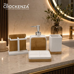 The Crockenza Kyoto 4-Piece Minimalist Bathroom Set – Luxury Matte White & Eco-Bamboo Vanity Accessories