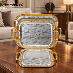 Luxury 3 Pcs Stainless Steel Serving Tray Set – Mirror Polish Finish with Gold Handles