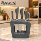 BALI Imported 7-Piece Kitchen Knife Set with Stand – Grey Speckled Finish