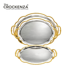 Luxury 3 Pcs Stainless Steel Serving Tray Set – Mirror Polish Finish with Gold Handles