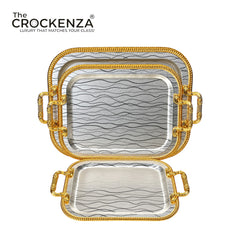 Luxury 3 Pcs Stainless Steel Serving Tray Set – Mirror Polish Finish with Gold Handles