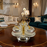 Luxury Silver 4-Partition Dry Fruit Serving Set with Stand – Glass Bowls & Silver Tulip Holder